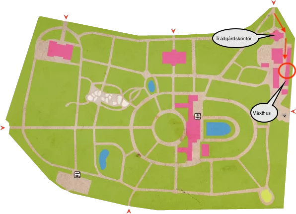 illustrerad karta över trädgården med byggnader markerade