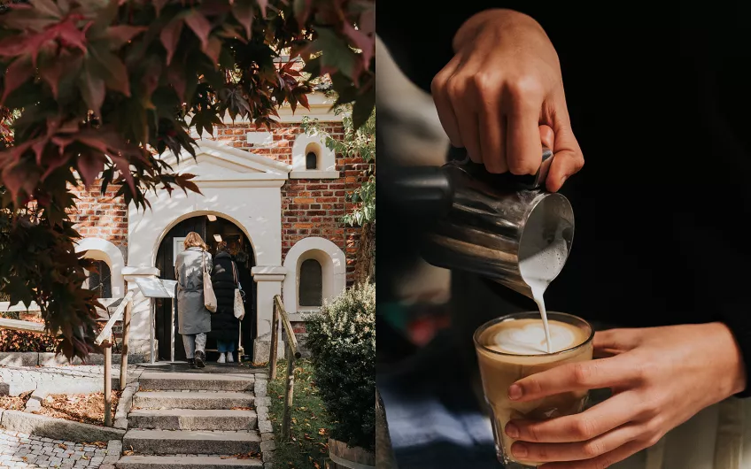Kollage med två bilder, en av en byggnad och en där kaffe hälls upp i en kopp